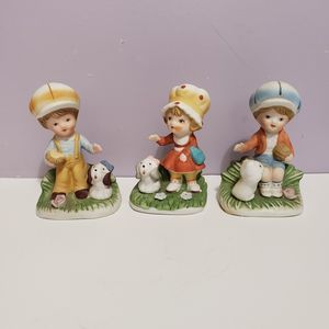 Homco Trio Children / w Pets Bisque Porcelain Figurines